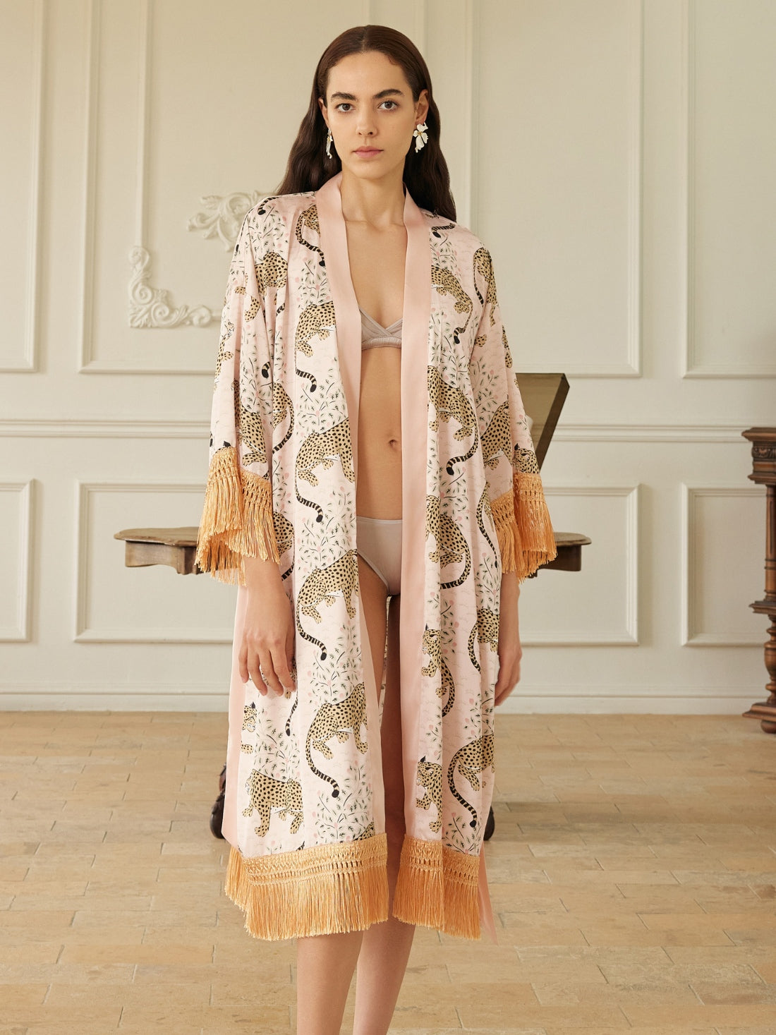 Ulivary Pink Leopard Tassel Kimono Robe
