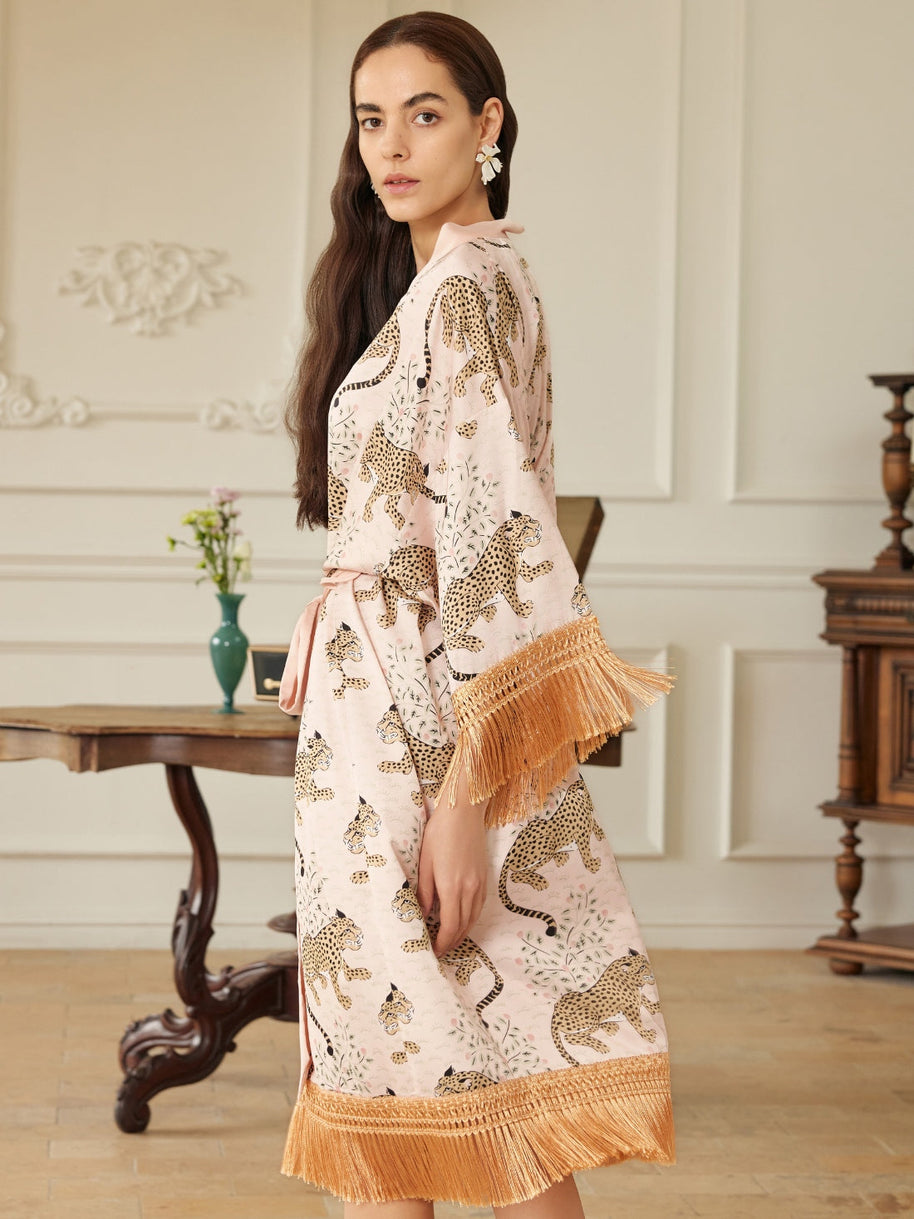 Ulivary Pink Leopard Tassel Kimono Robe