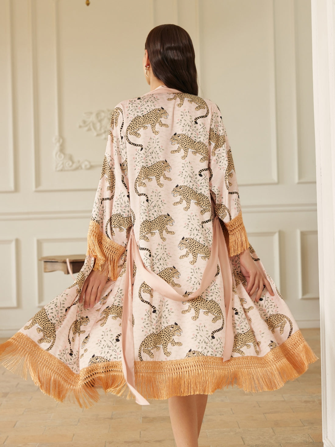Ulivary Pink Leopard Tassel Kimono Robe