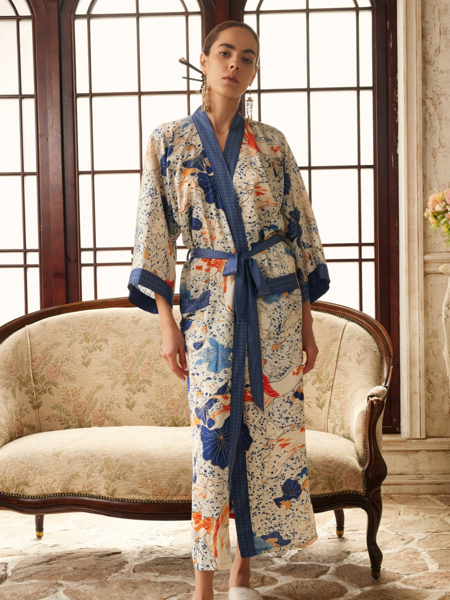 Ulivary Koi & Lotus Dreamscape Kimono Robe With Elegant Pockets