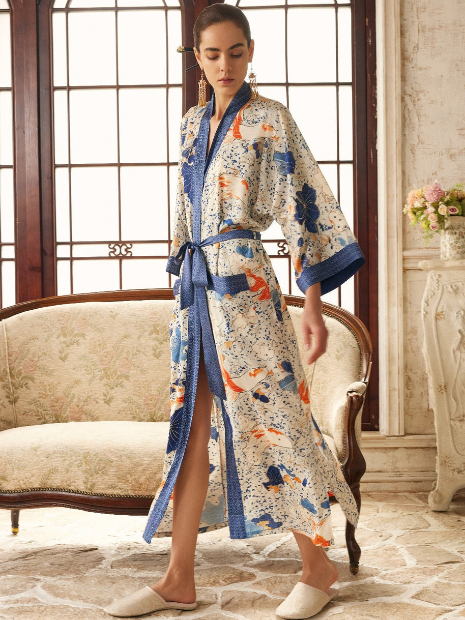 Ulivary Koi & Lotus Dreamscape Kimono Robe With Elegant Pockets