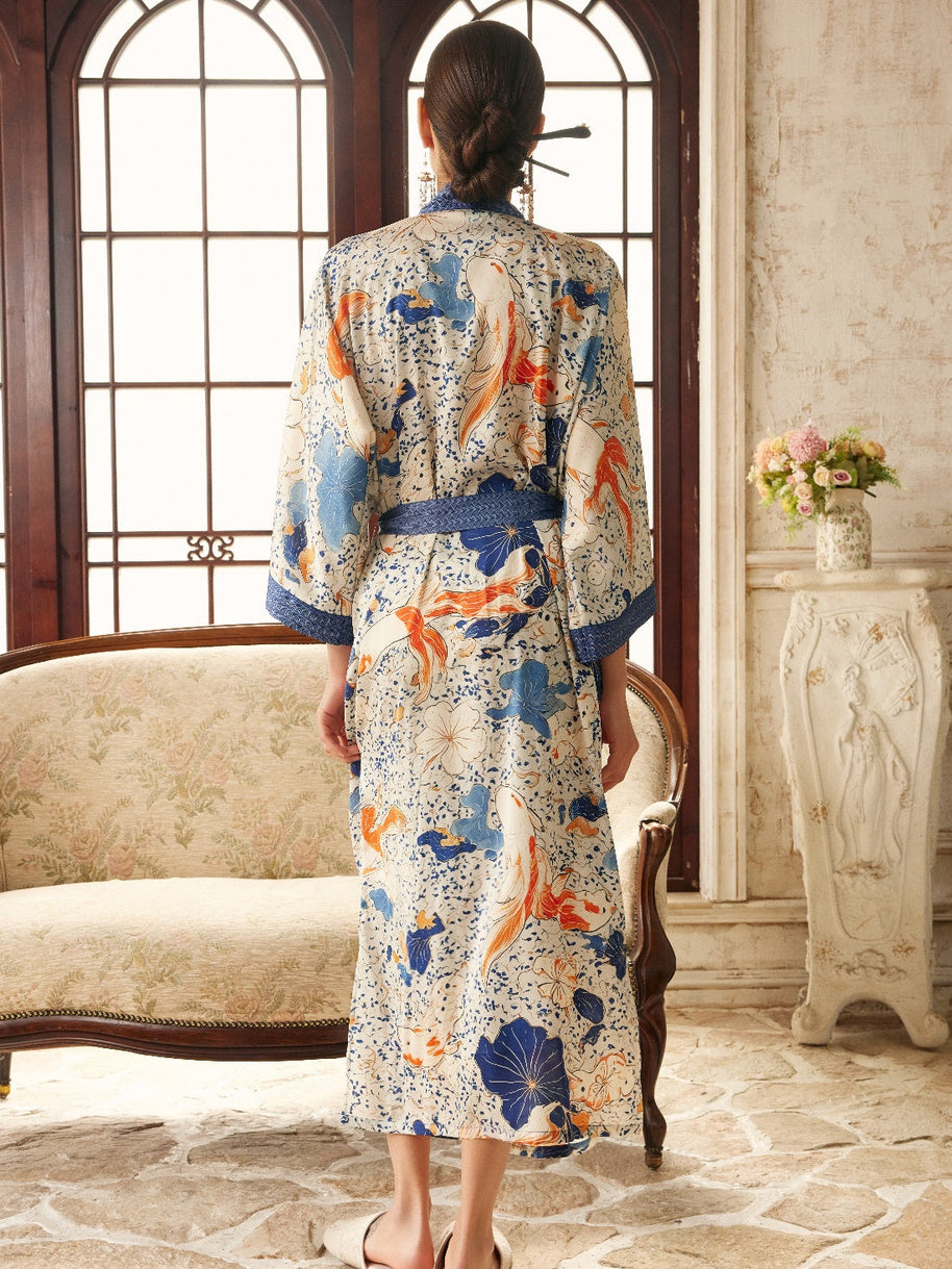 Ulivary Koi & Lotus Dreamscape Kimono Robe With Elegant Pockets