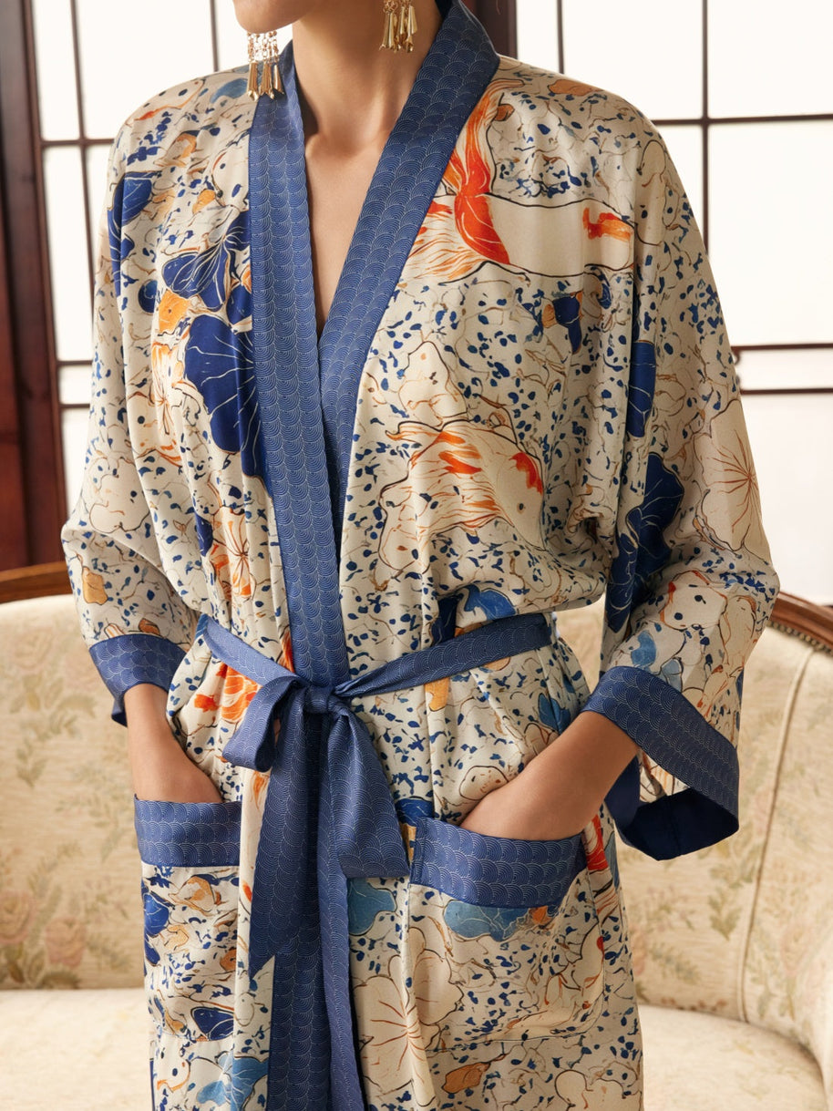 Ulivary Koi & Lotus Dreamscape Kimono Robe With Elegant Pockets