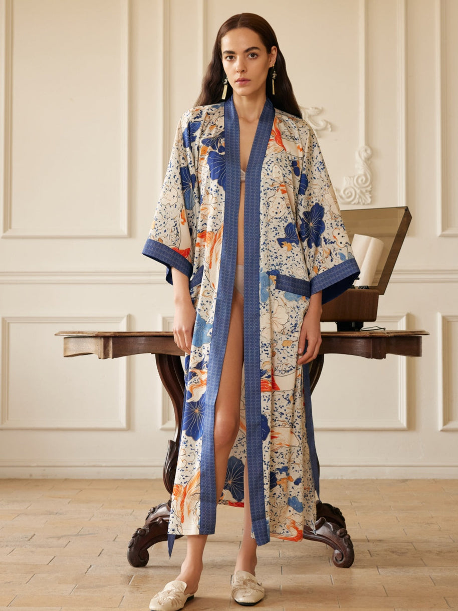 Ulivary Koi & Lotus Dreamscape Kimono Robe With Elegant Pockets