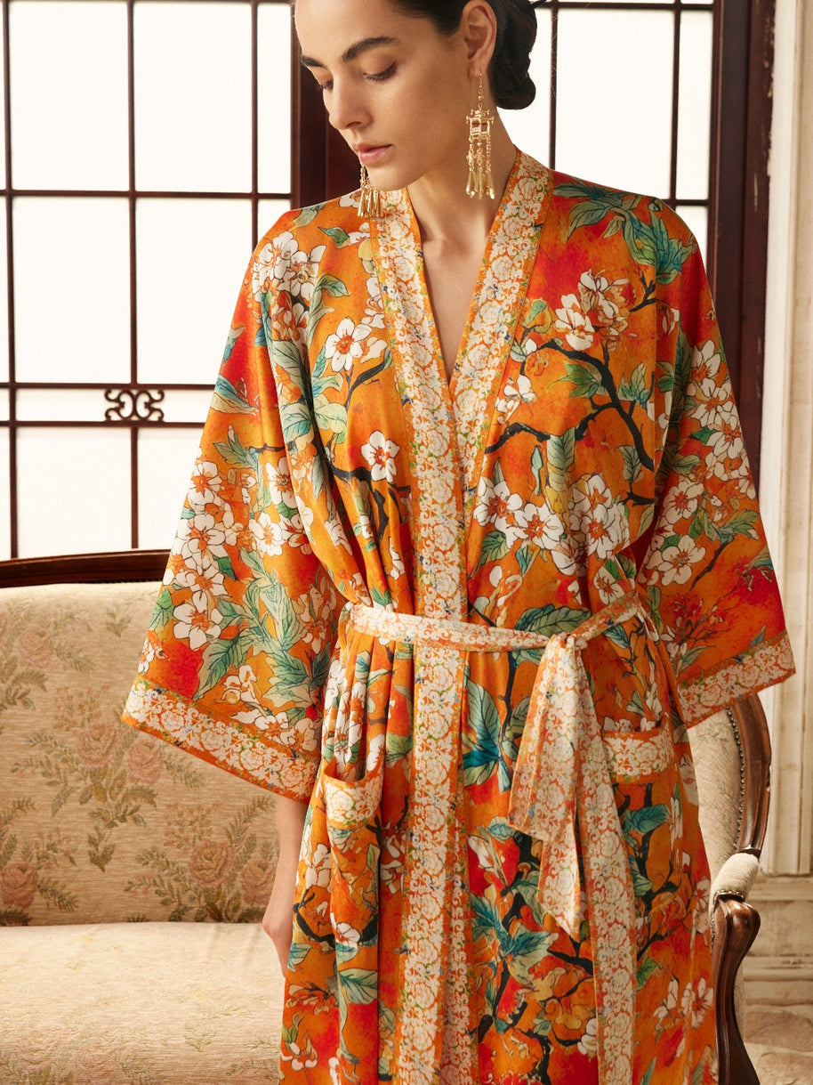 Ulivary Vintage Orange Enamel Camellia Floral Kimono Robe with Pockets