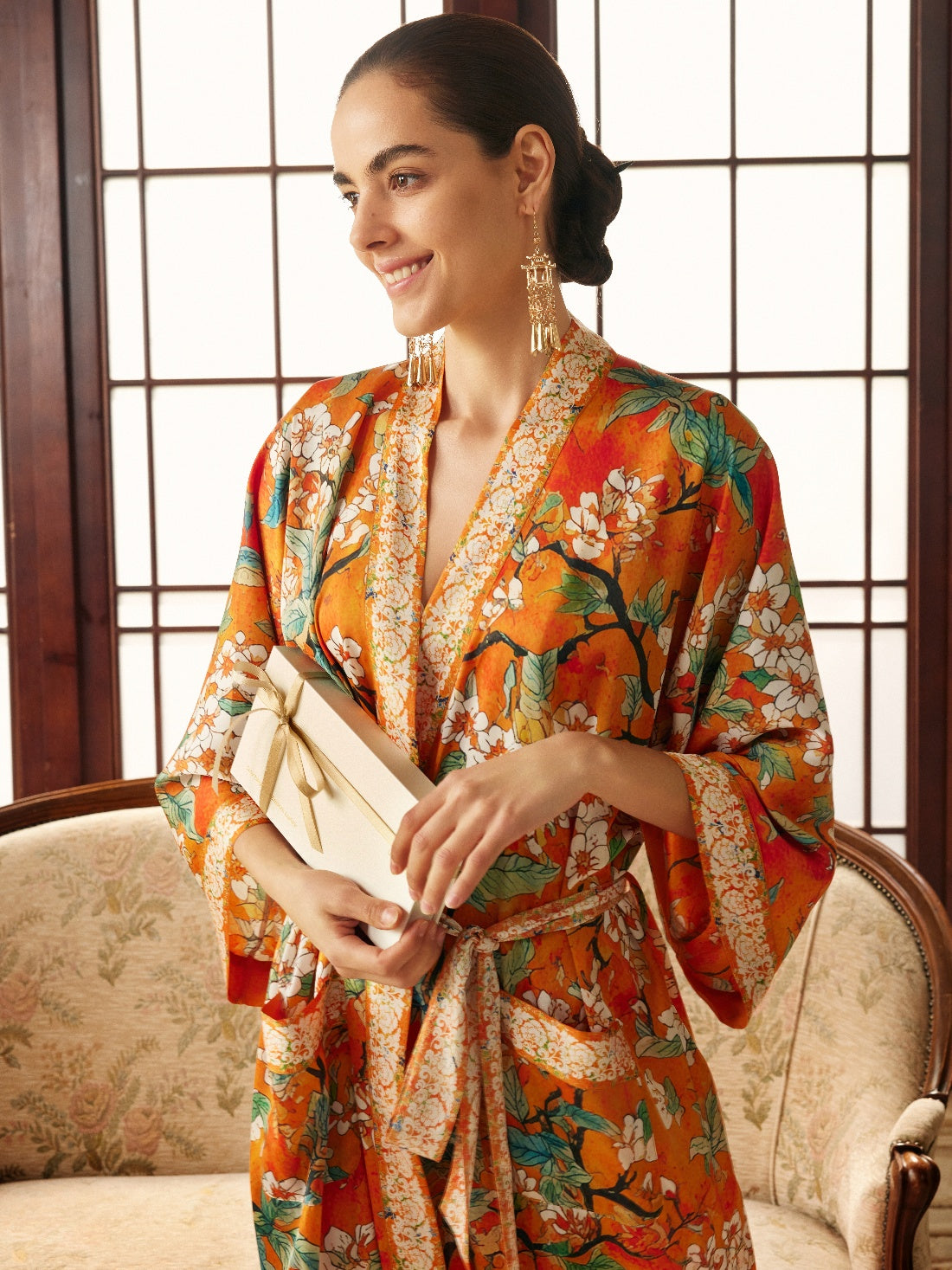 Ulivary Vintage Orange Enamel Camellia Floral Kimono Robe with Pockets