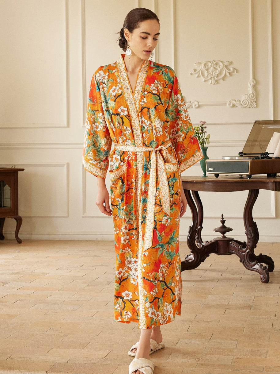 Ulivary Vintage Orange Enamel Camellia Floral Kimono Robe with Pockets