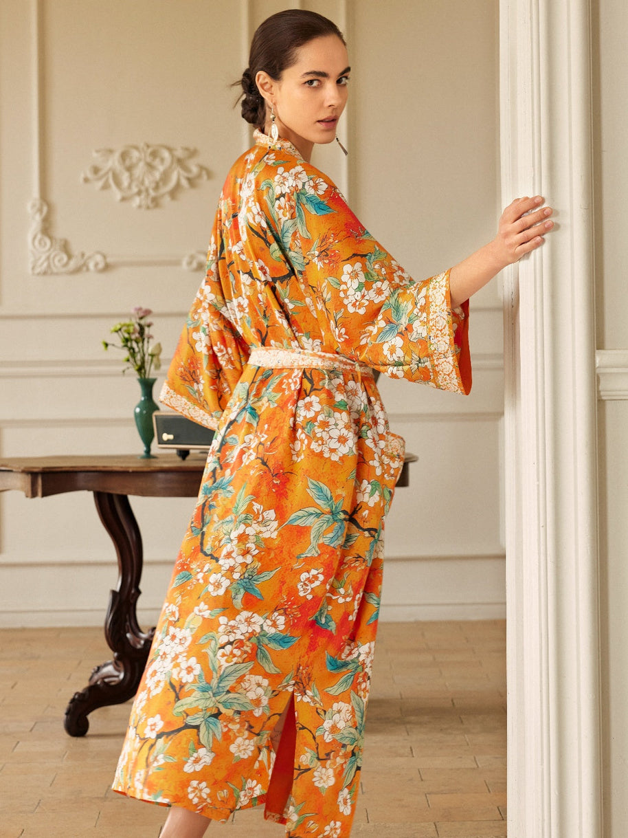 Ulivary Vintage Orange Enamel Camellia Floral Kimono Robe with Pockets