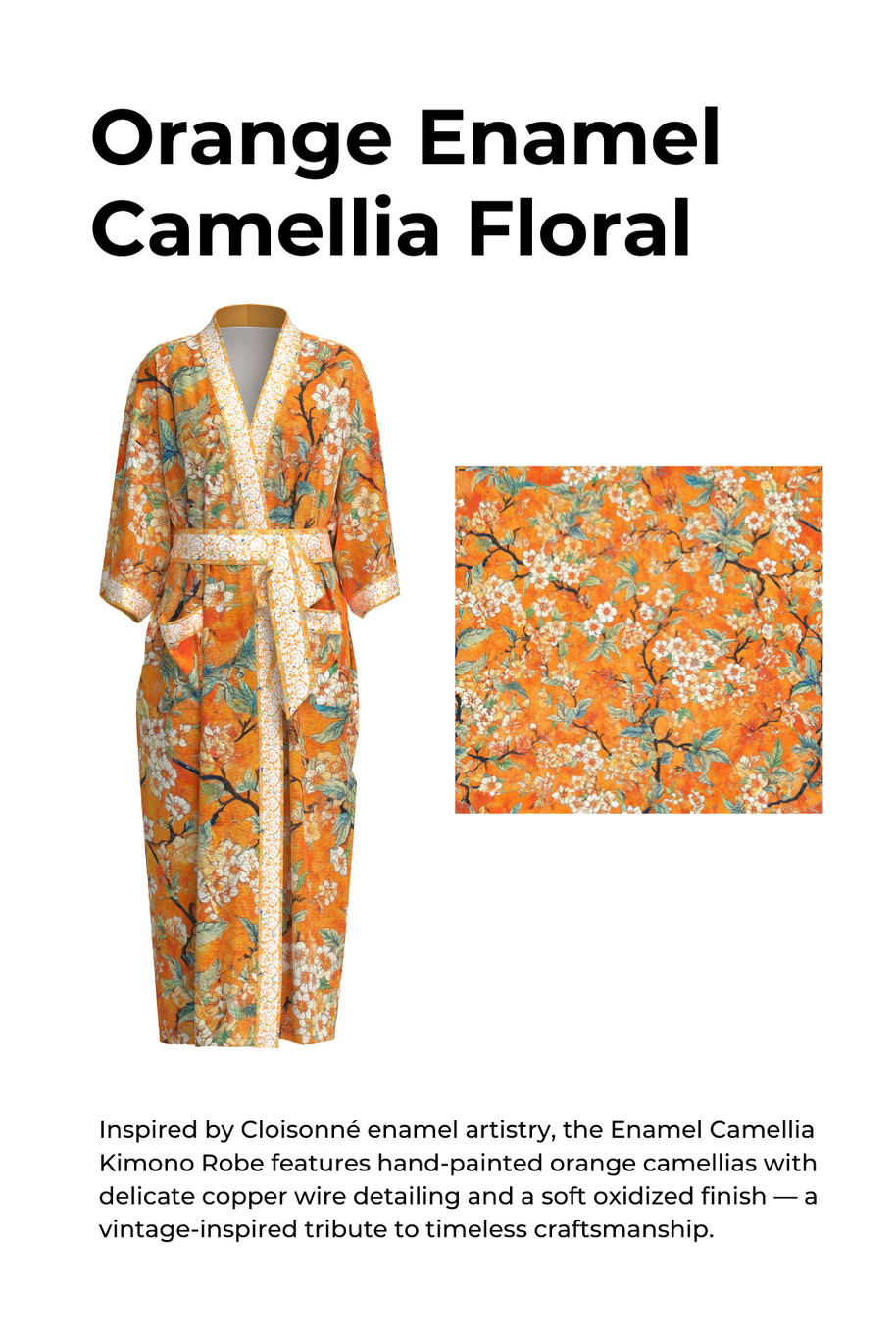 Ulivary Vintage Orange Enamel Camellia Floral Kimono Robe with Pockets