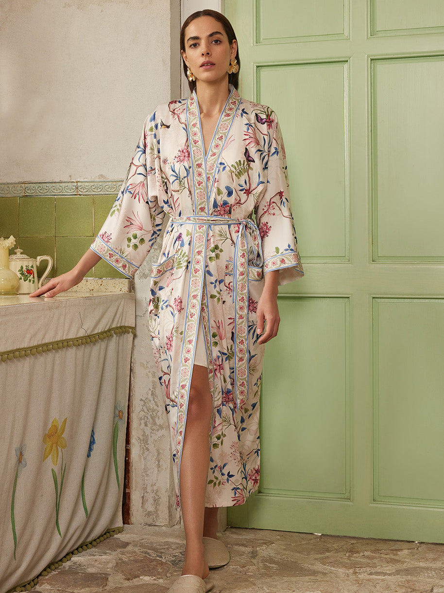 Ulivary Beige Chinoiserie Floral Long Kimono Robe with Pockets