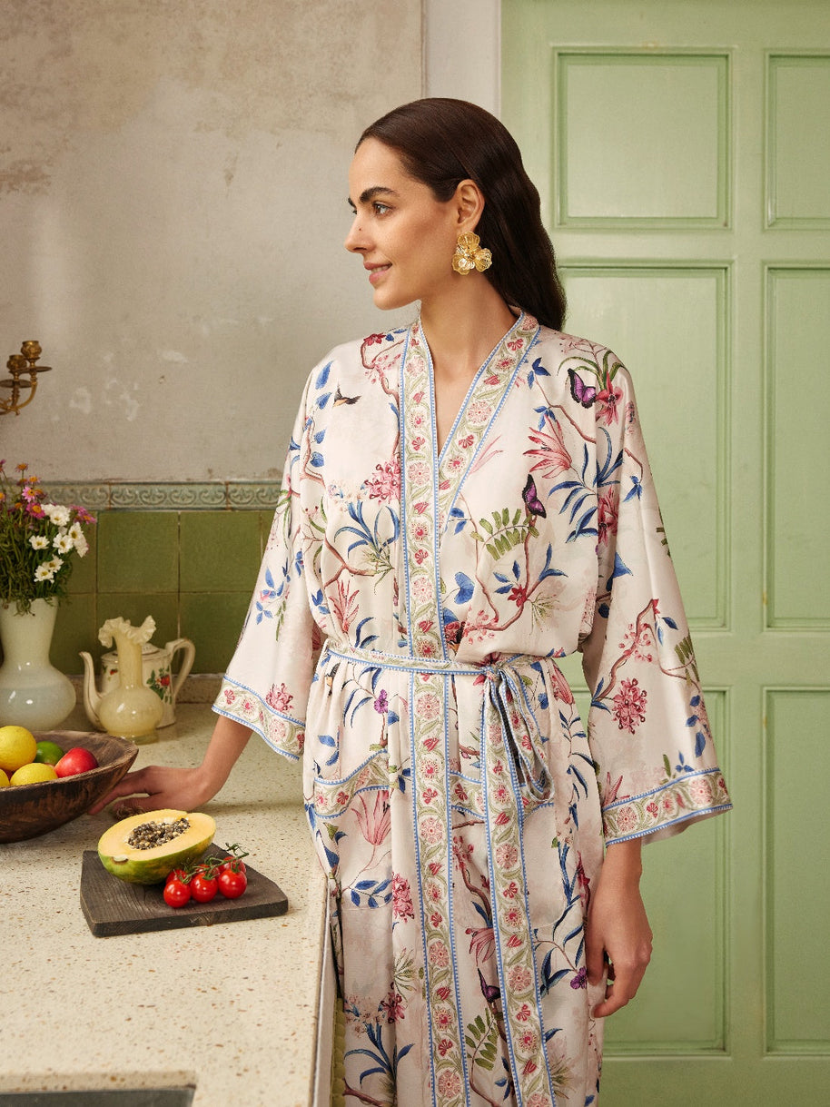Ulivary Beige Chinoiserie Floral Long Kimono Robe with Pockets