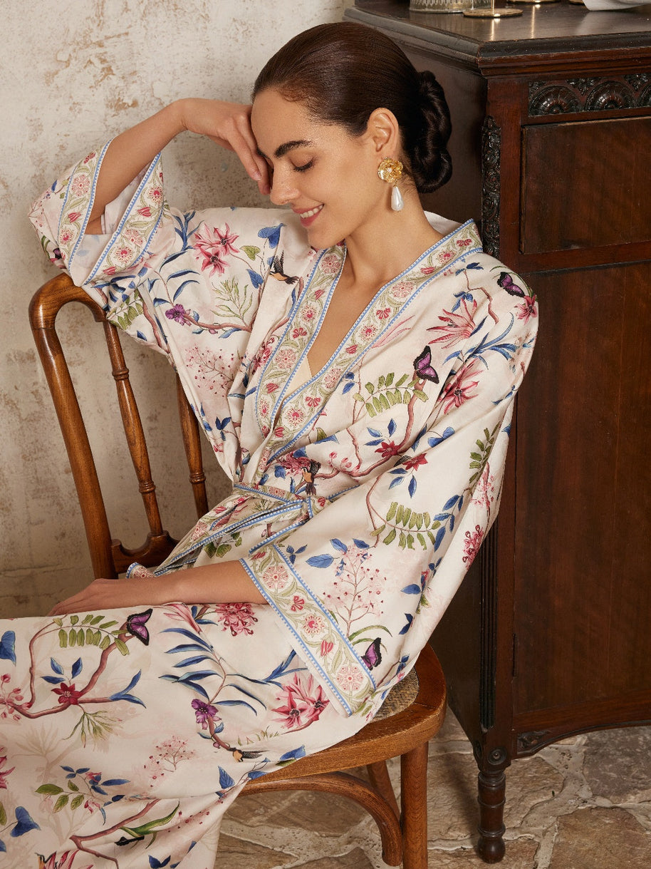 Ulivary Beige Chinoiserie Floral Long Kimono Robe with Pockets