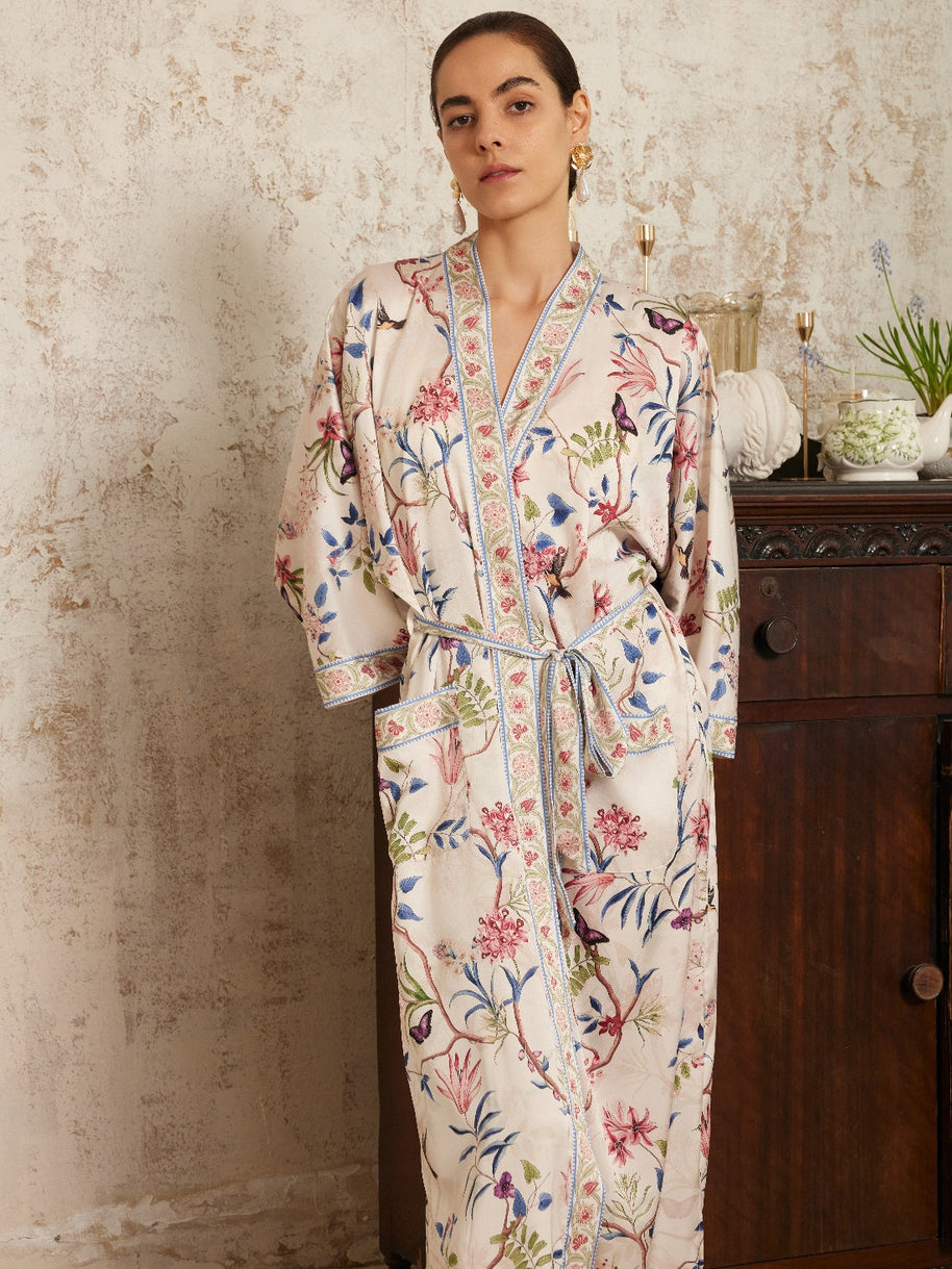 Ulivary Beige Chinoiserie Floral Long Kimono Robe with Pockets