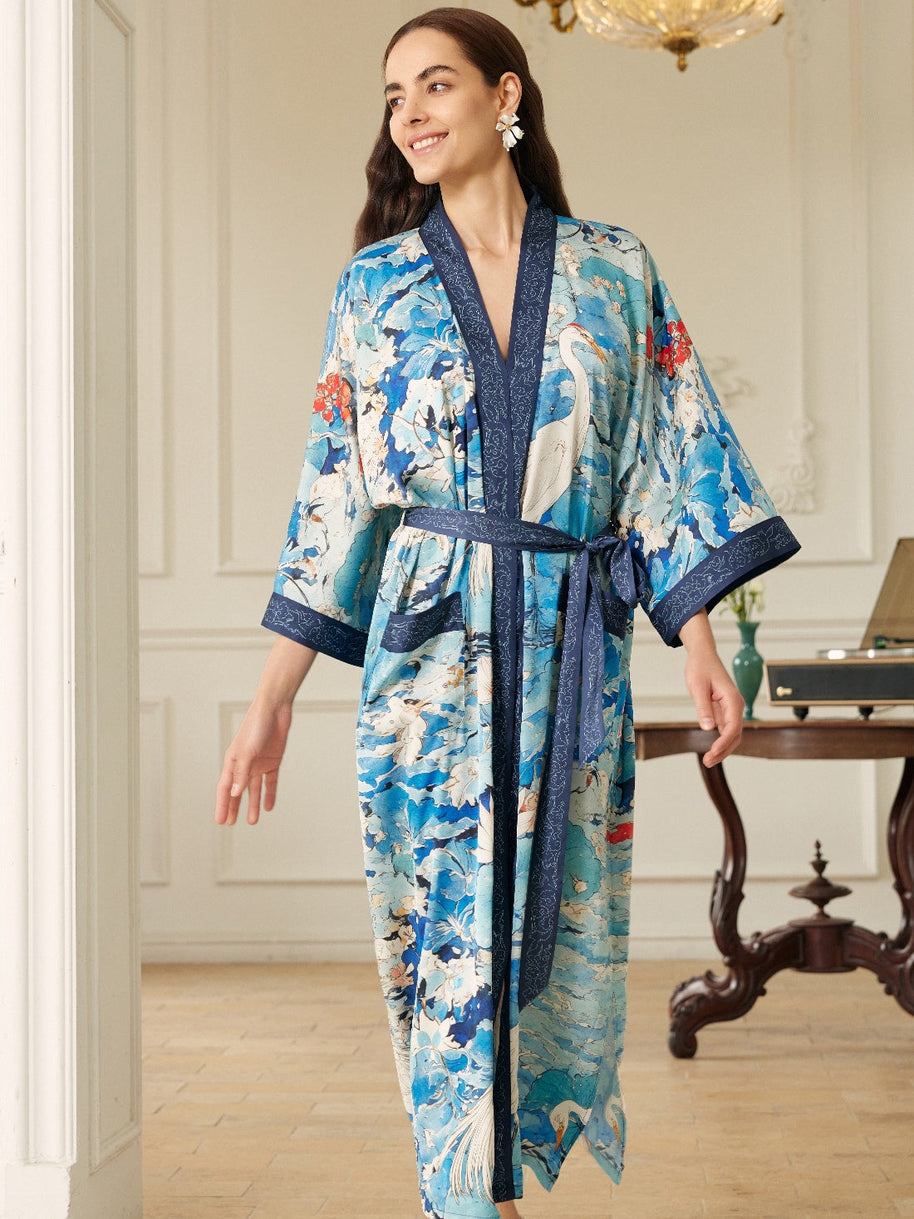 Ulivary Graceful Lotus & Crane Kimono Robe With Pockets