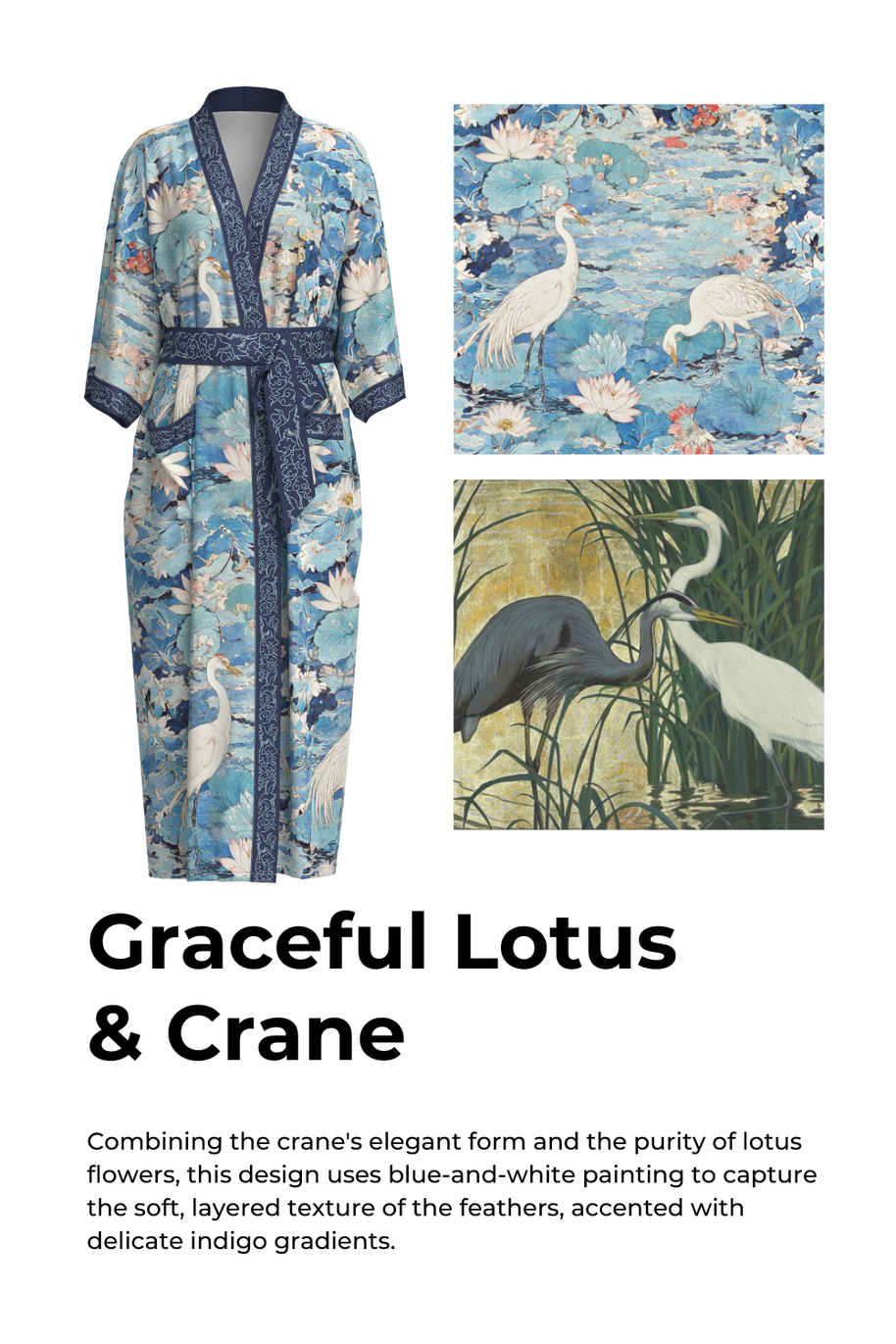Ulivary Graceful Lotus & Crane Kimono Robe With Pockets