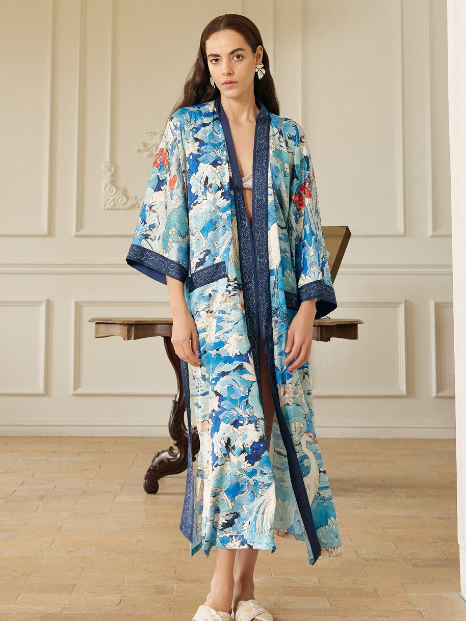 Ulivary Graceful Lotus & Crane Kimono Robe With Pockets