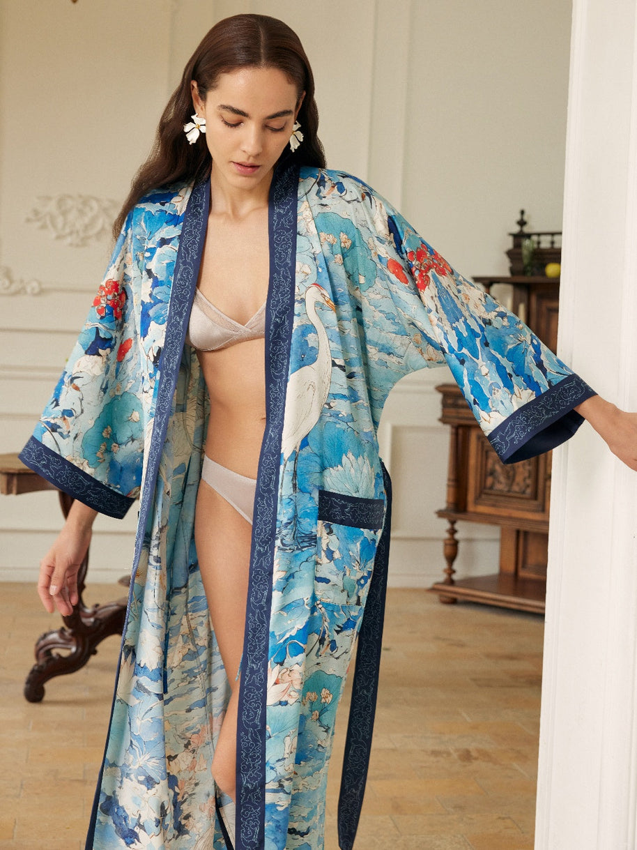 Ulivary Graceful Lotus & Crane Kimono Robe With Pockets