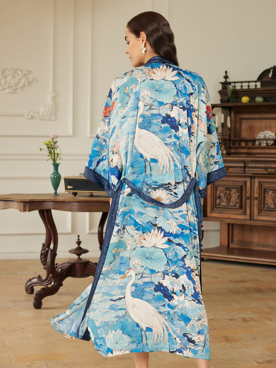 Ulivary Graceful Lotus & Crane Kimono Robe With Pockets