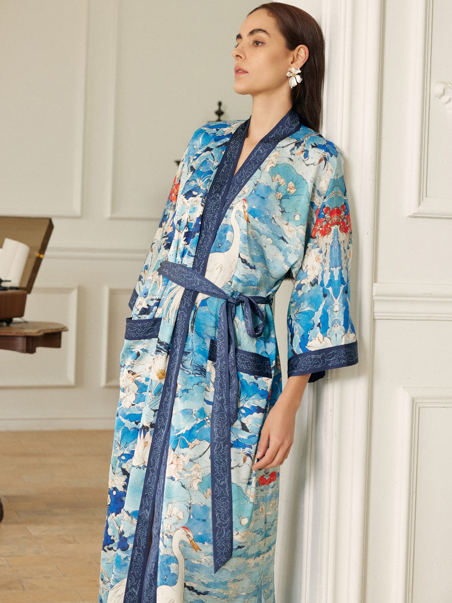 Ulivary Graceful Lotus & Crane Kimono Robe With Pockets