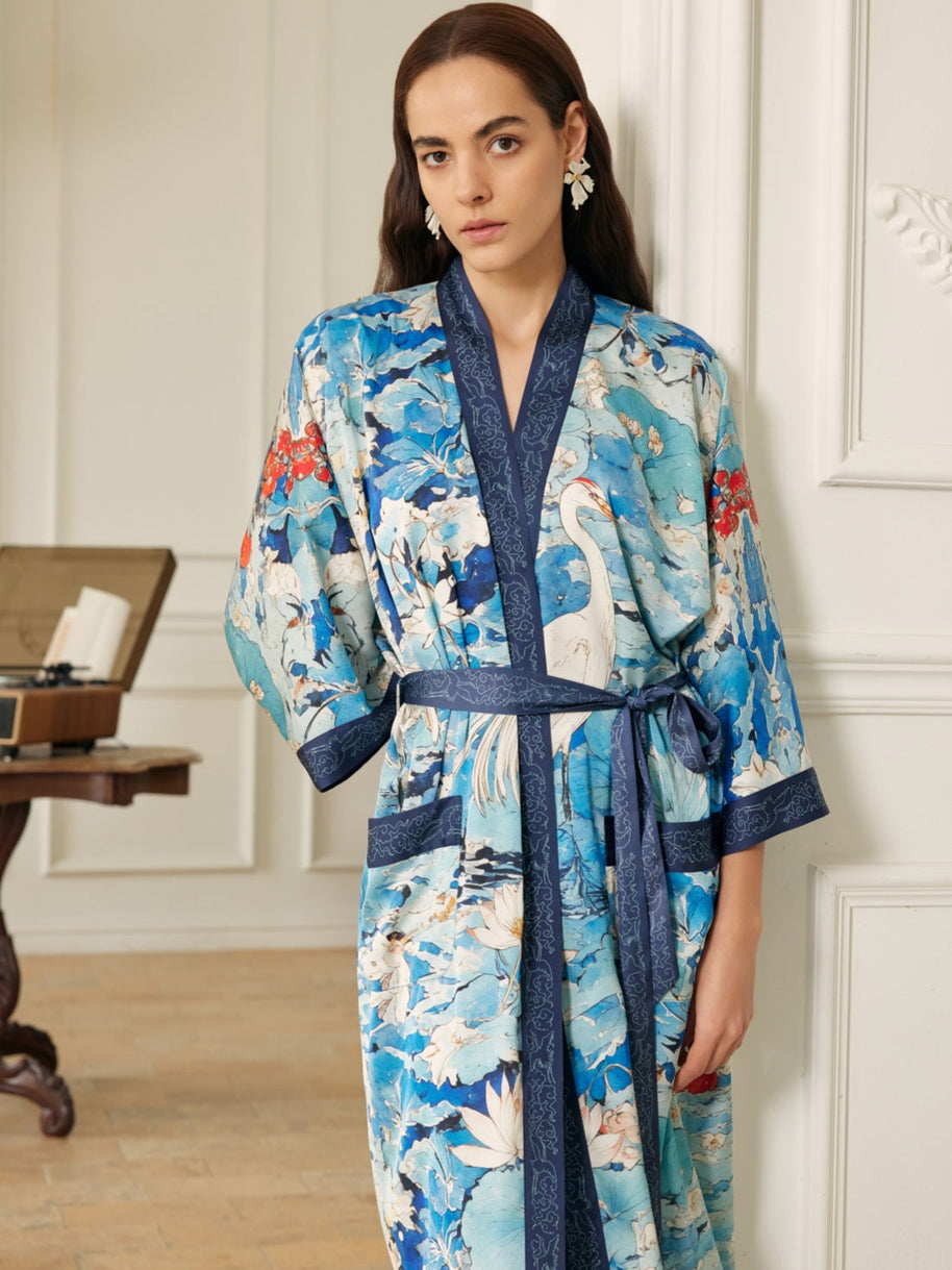 Ulivary Graceful Lotus & Crane Kimono Robe With Pockets