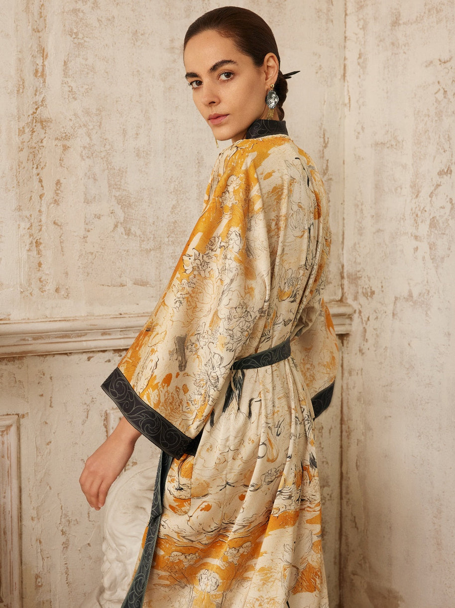 Ulivary Elegant Yellow Crane & Lotus Kimono Robe With Pockets