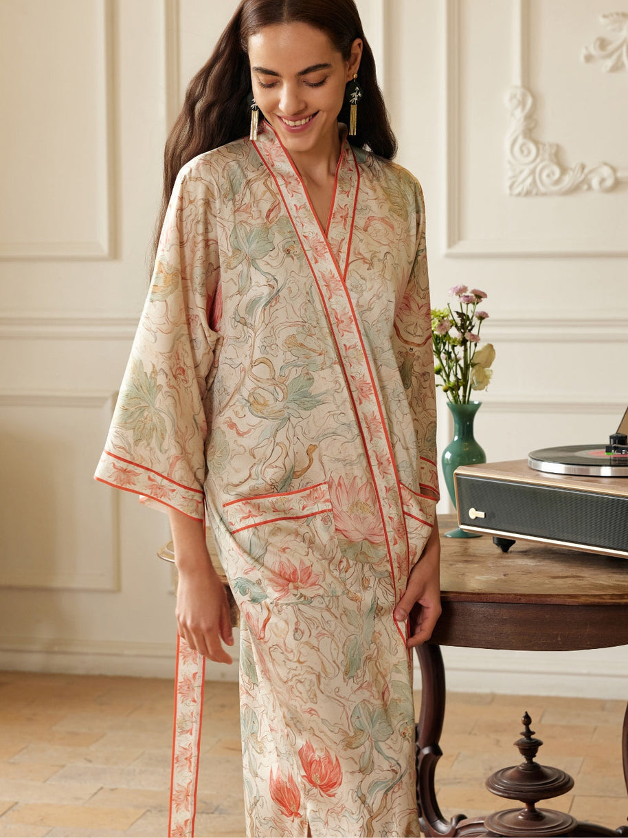 Ulivary Dunhuang Celestial Herb Long Kimono Robe with Pocket