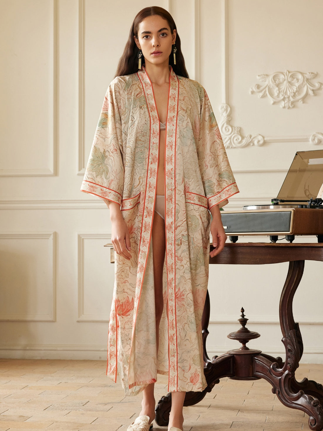 Ulivary Dunhuang Celestial Herb Long Kimono Robe with Pocket