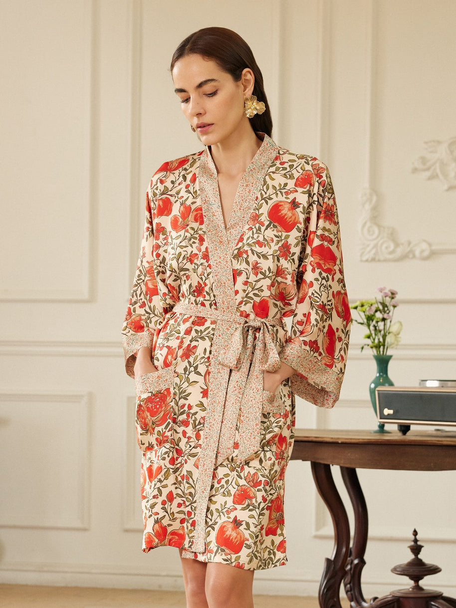 Ulivary Pomegranate Garden Short Robe With Pockets
