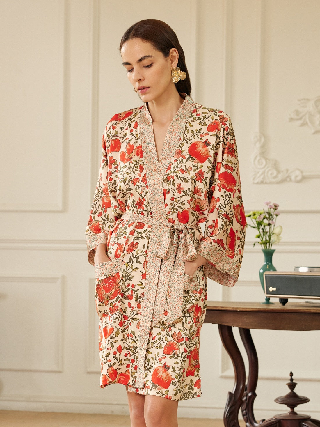 Ulivary Pomegranate Garden Short Robe With Pockets