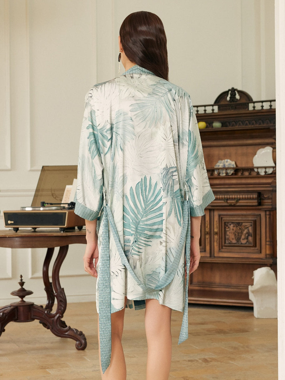 Ulivary Tropical Palm Leaf Short Robe with Pockets