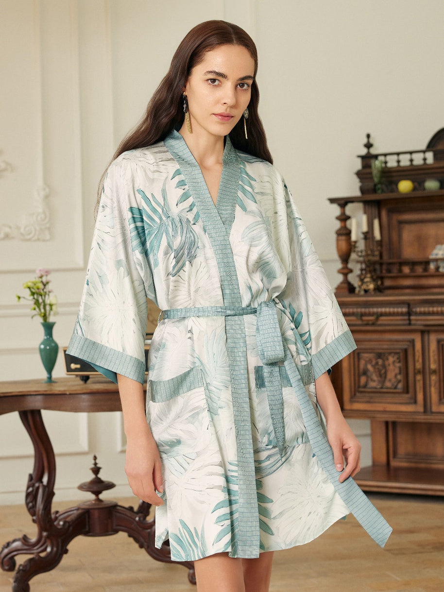 Ulivary Tropical Palm Leaf Short Robe with Pockets