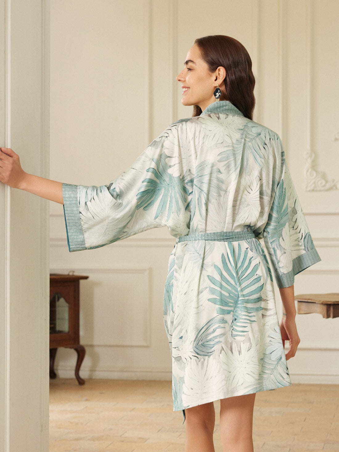 Ulivary Tropical Palm Leaf Short Robe with Pockets