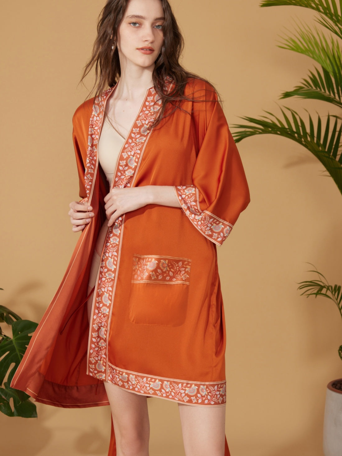 Ulivary Luxuriously Orange Embellished Flower Short Robe With Pockets