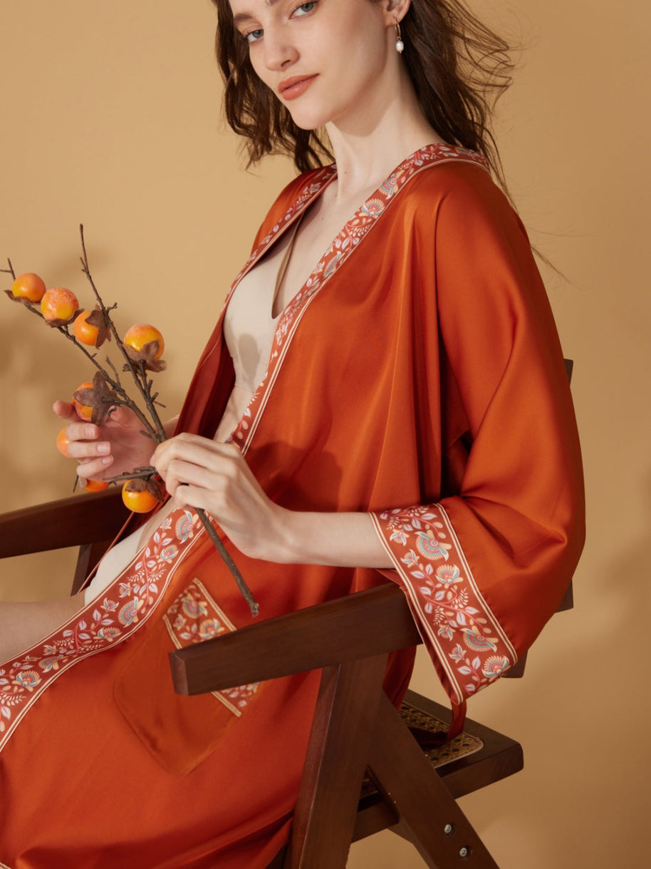 Ulivary Luxuriously Orange Embellished Flower Short Robe With Pockets