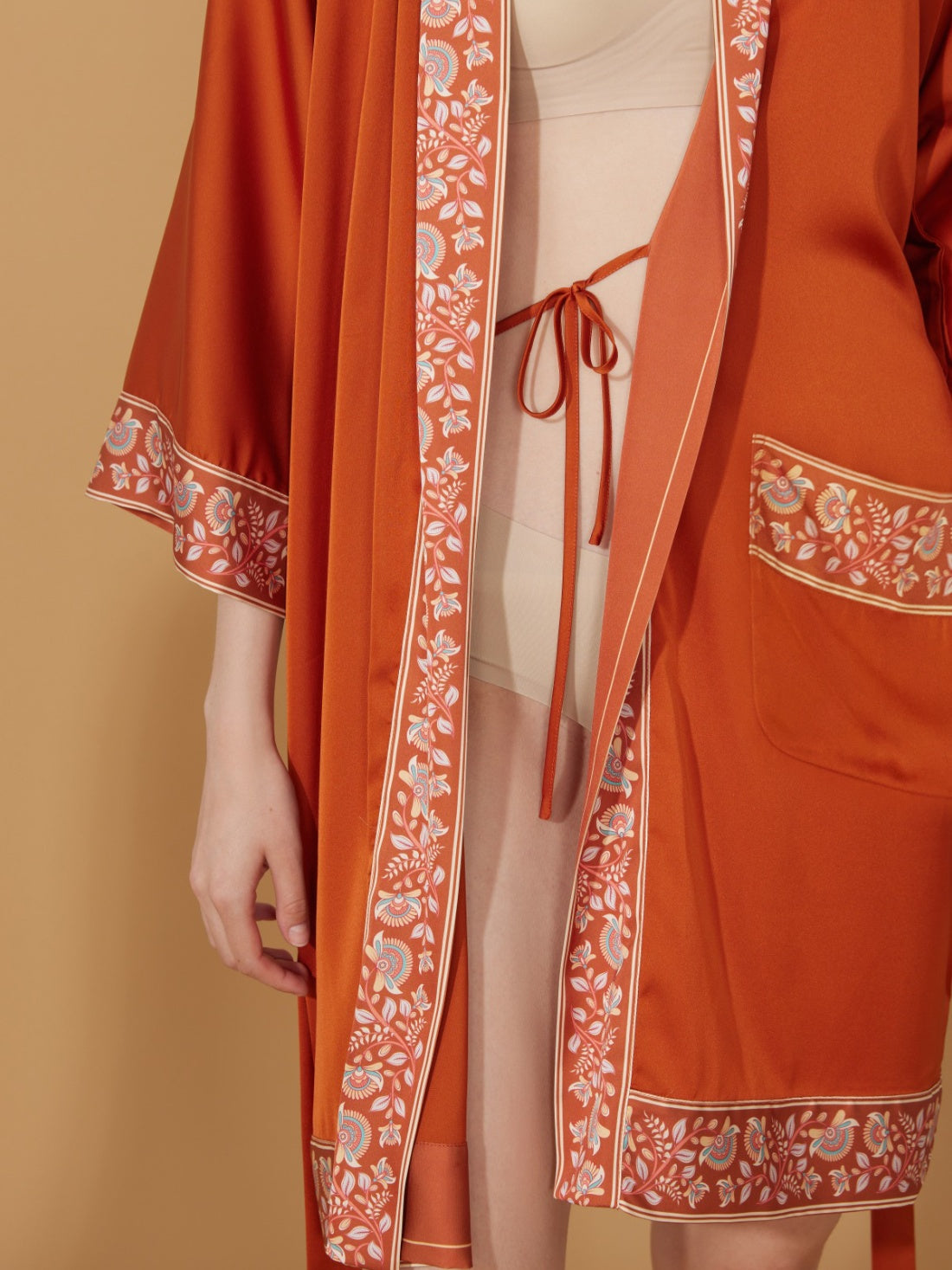 Ulivary Luxuriously Orange Embellished Flower Short Robe With Pockets