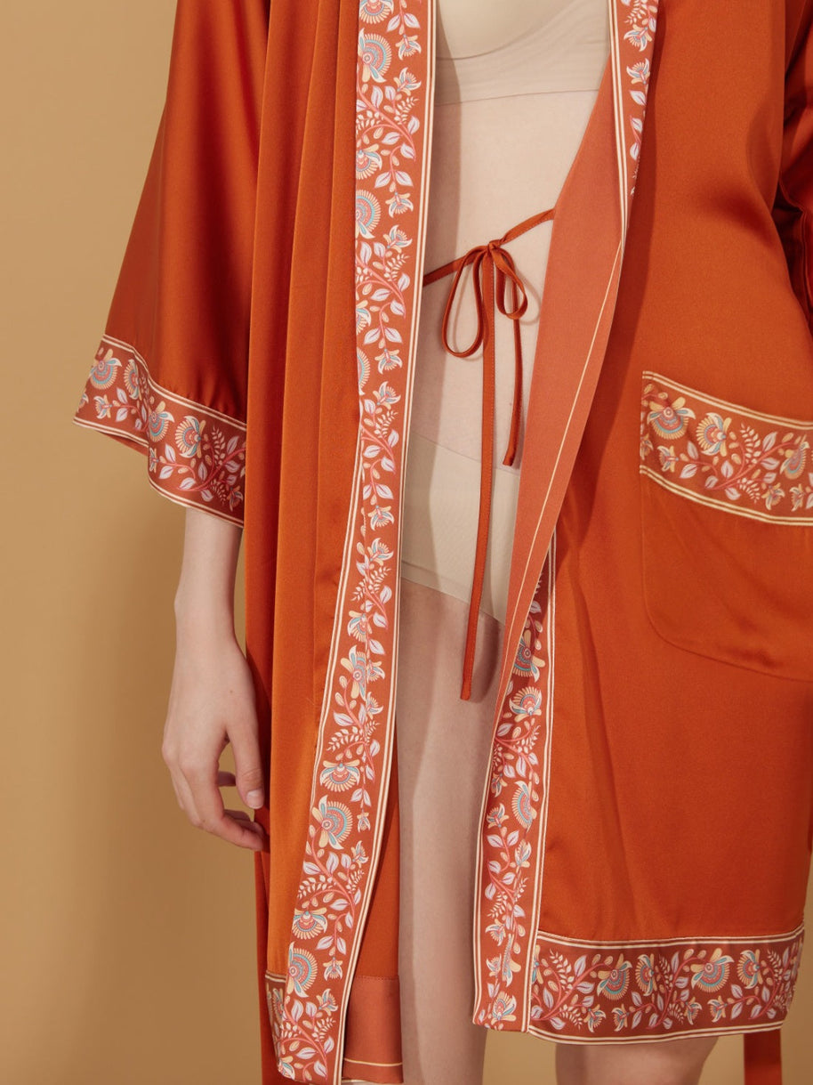 Ulivary Luxuriously Orange Embellished Flower Short Robe With Pockets