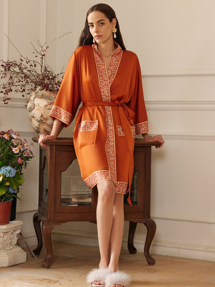 Ulivary Luxuriously Orange Embellished Flower Short Robe With Pockets