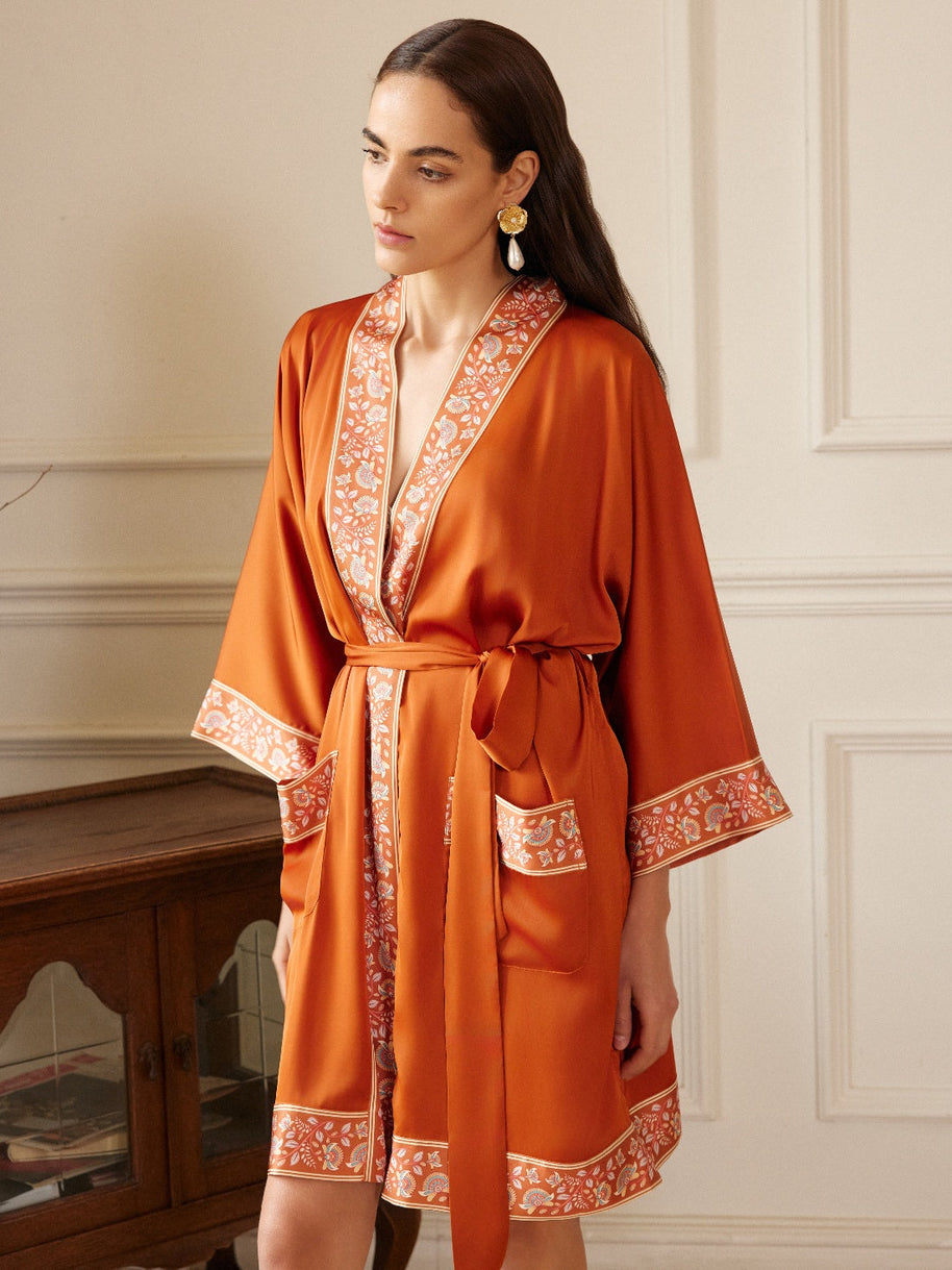 Ulivary Luxuriously Orange Embellished Flower Short Robe With Pockets