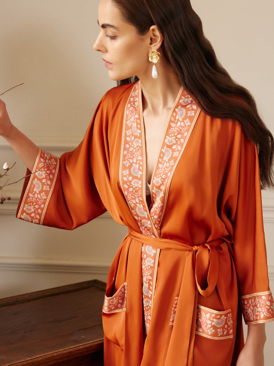 Ulivary Luxuriously Orange Embellished Flower Short Robe With Pockets