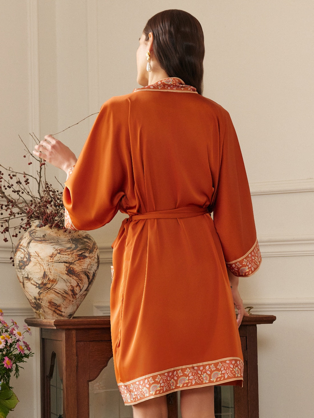 Ulivary Luxuriously Orange Embellished Flower Short Robe With Pockets