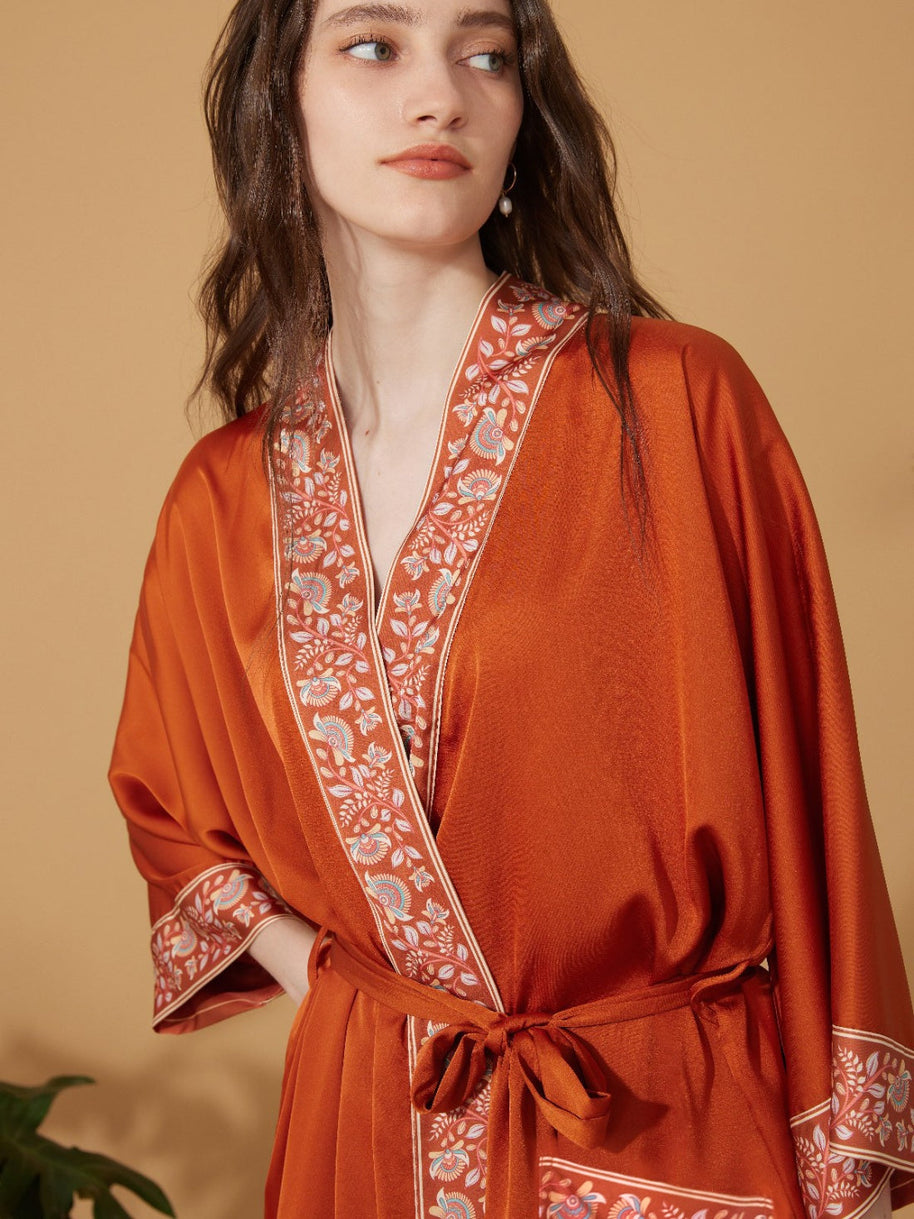 Ulivary Luxuriously Orange Embellished Flower Short Robe With Pockets