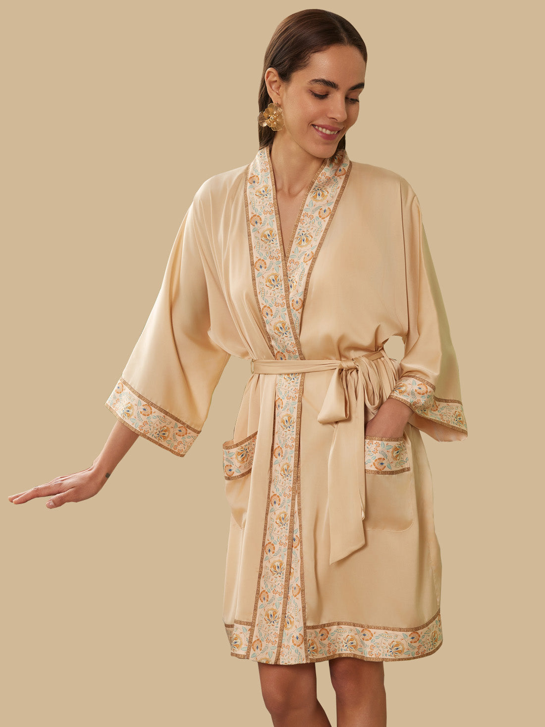 Ulivary Champagne Gold Embellished Flower Short Robe With Pockets
