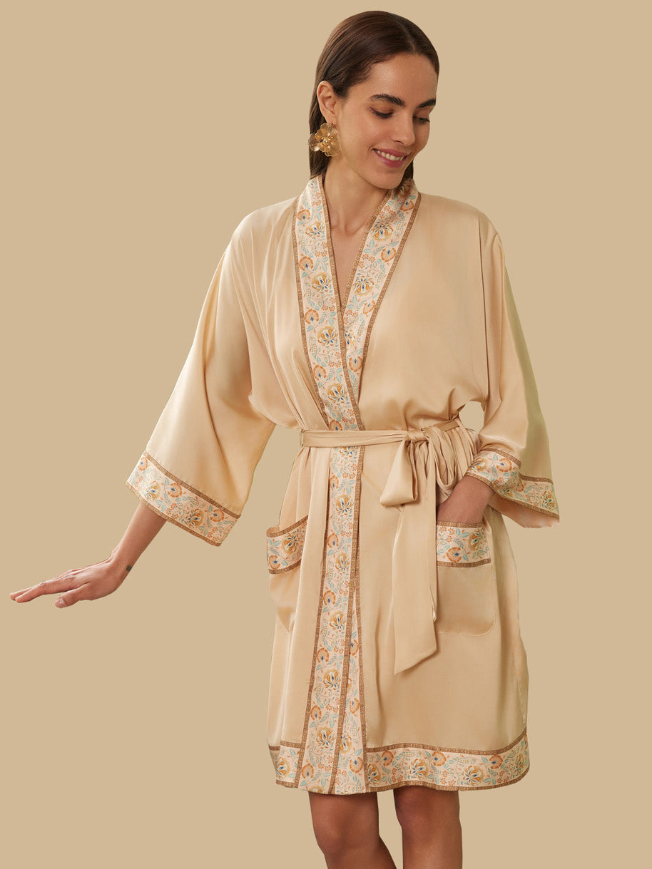 Ulivary Champagne Gold Embellished Flower Short Robe With Pockets