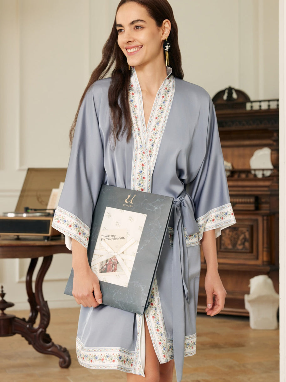 Ulivary Light Blue Embellished Flower Short Robe With Pockets