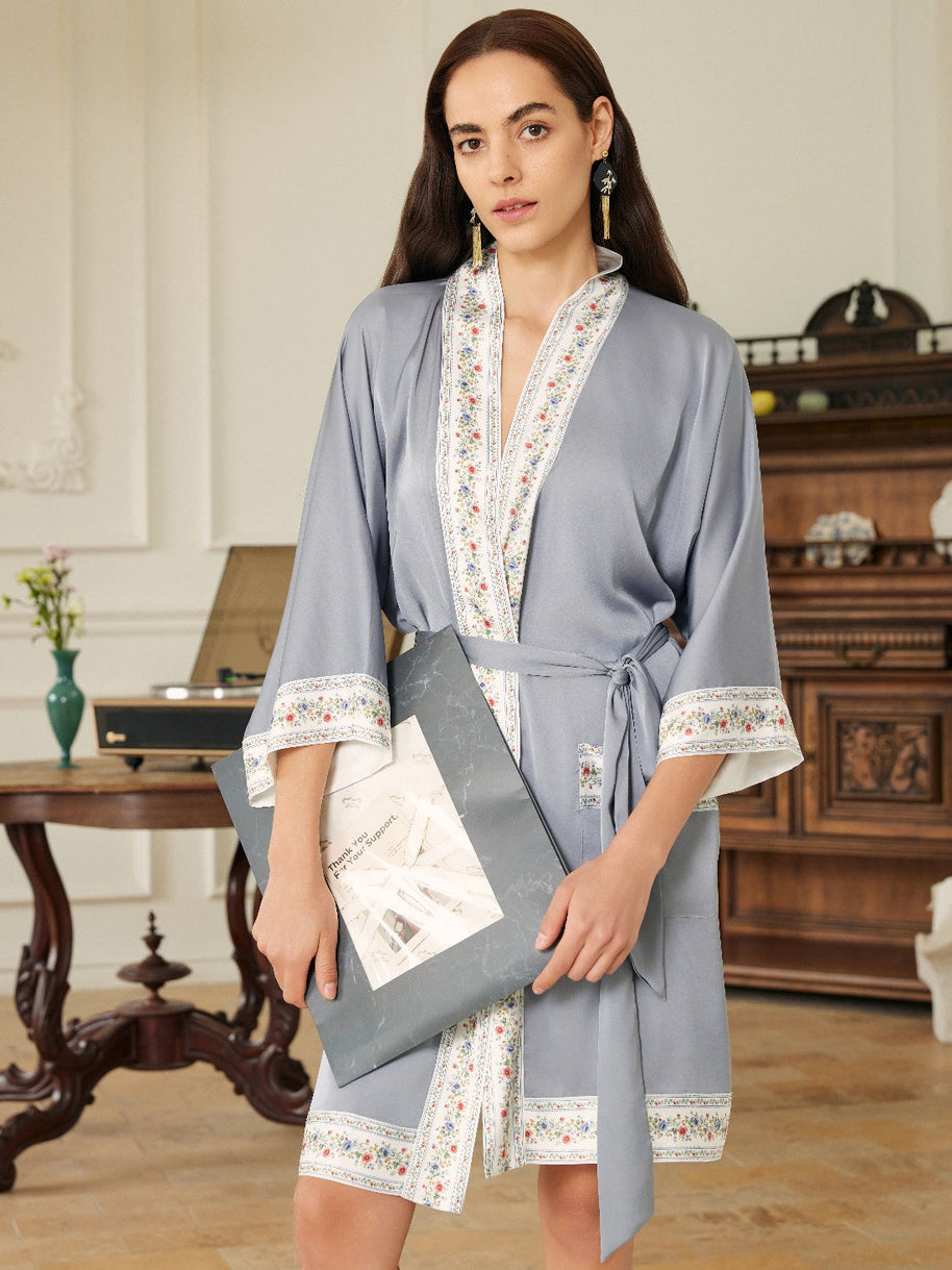 Ulivary Light Blue Embellished Flower Short Robe With Pockets
