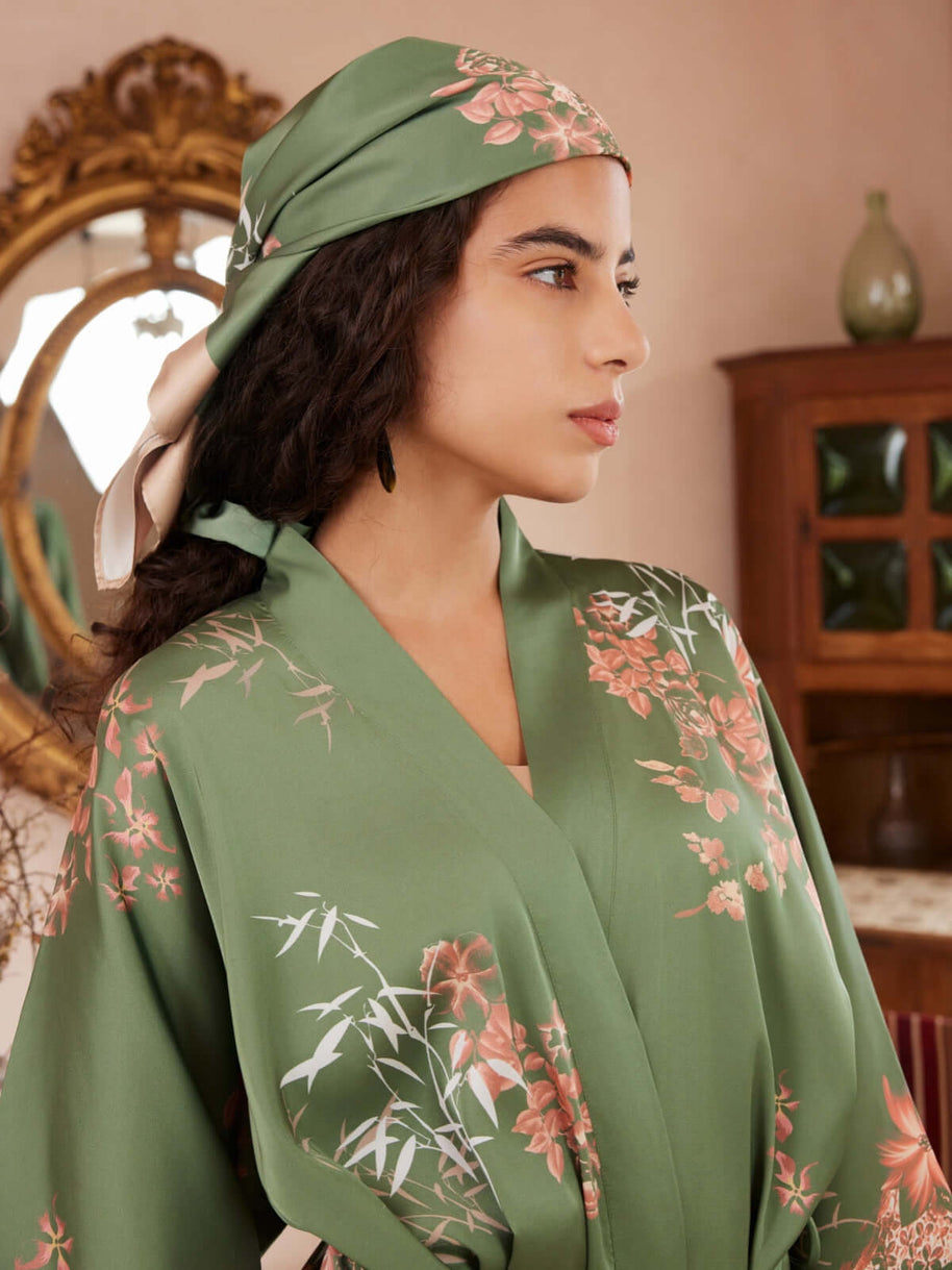 Ulivary Green Charmeuse Floral Painting Square Scarf