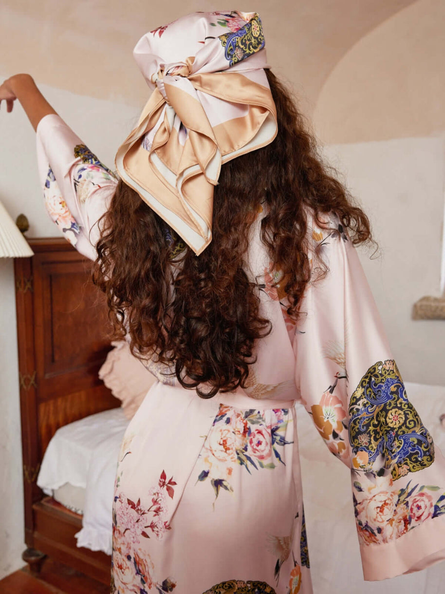 Ulivary Pink Crane Charmeuse Floral Square Scarf