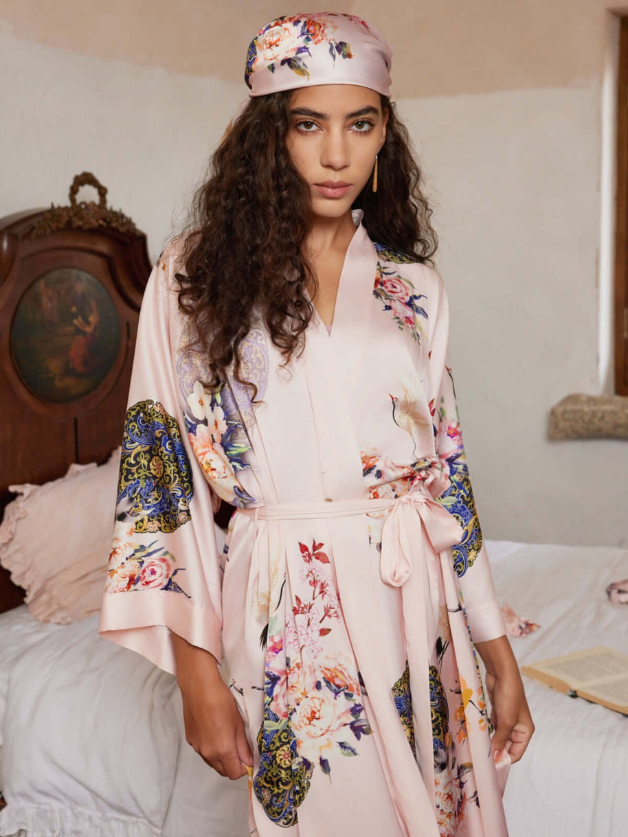 Ulivary Pink Crane Charmeuse Floral Square Scarf