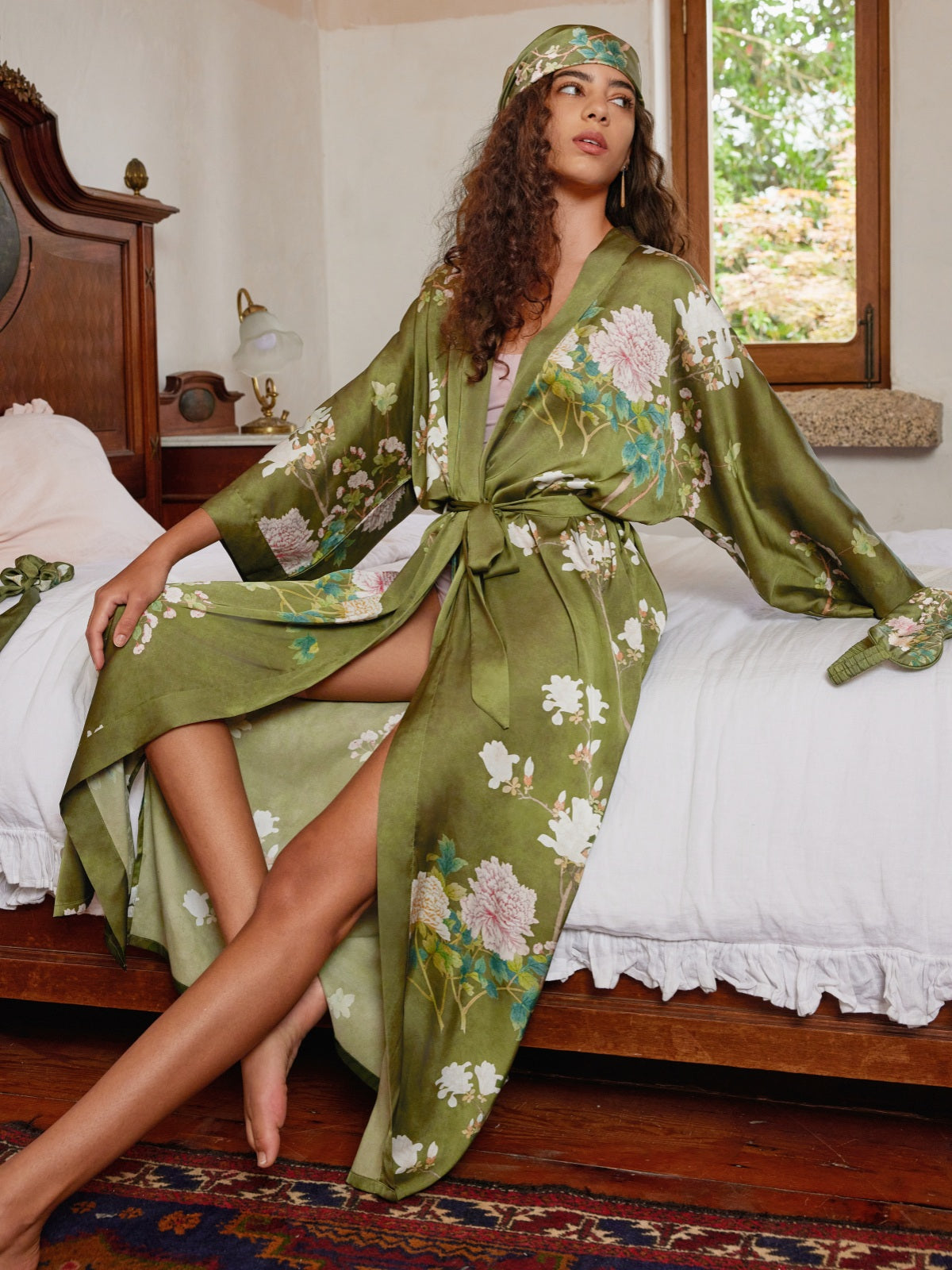 Ulivary Floral Olive Kimono Robe