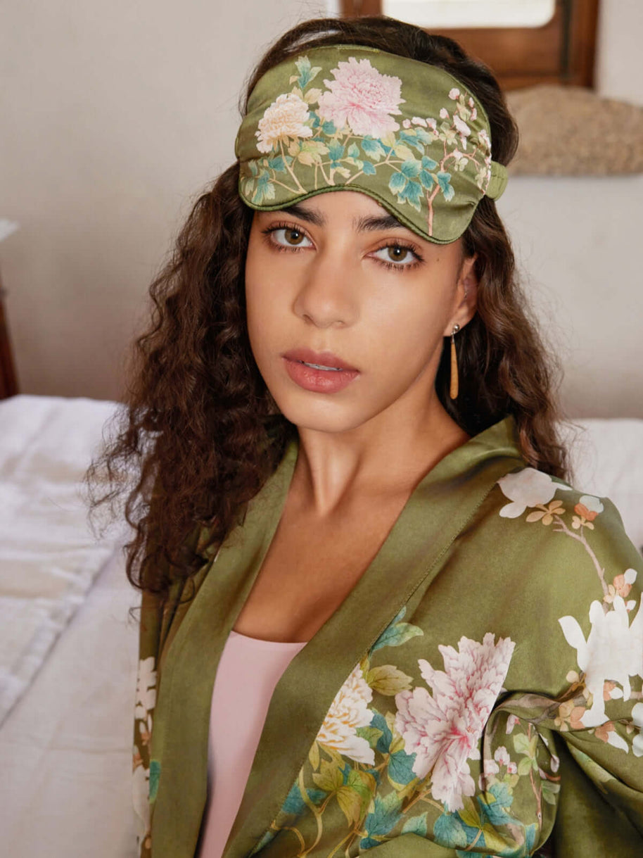 Ulivary Olive Charmeuse Floral Asian Inspired Sleep Mask